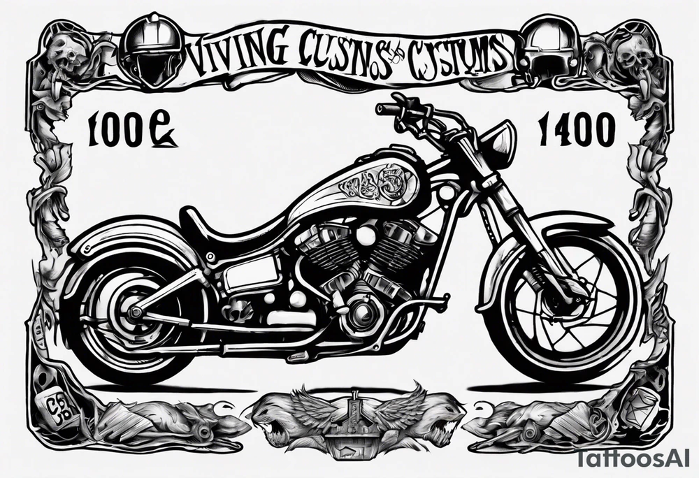 i want a tattoo of a motorcycle from the front view being ridden  by a skeleton and the number plate to say “Viking Customs” tattoo idea
