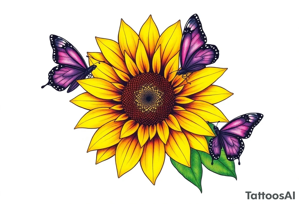Sunflower with purple butterflies on side tattoo idea