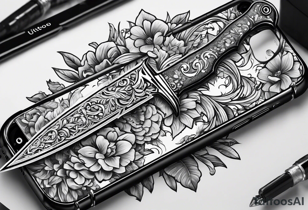 a knife piercing through an iphone screen tattoo idea