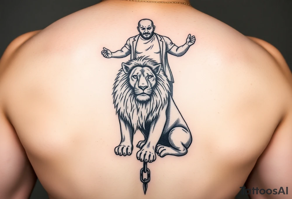 powerful majestic lion on a chain sitting under a giant of a person tattoo idea