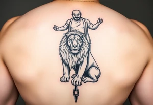 powerful majestic lion on a chain sitting under a giant of a person tattoo idea