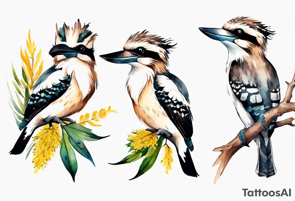 Small kookaburra holding wattle leaves tattoo idea