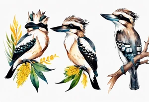 Small kookaburra holding wattle leaves tattoo idea