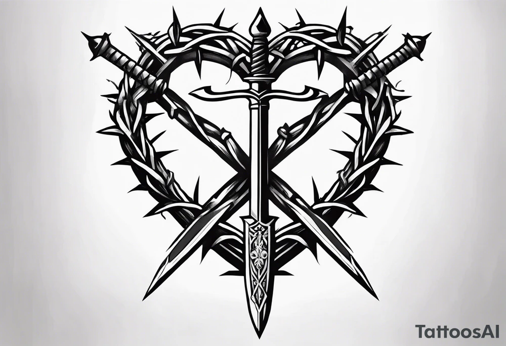 A simple design of a crown of thorns resting on the guard of a sword that is piercing a heart tattoo idea