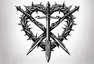 A simple design of a crown of thorns resting on the guard of a sword that is piercing a heart tattoo idea