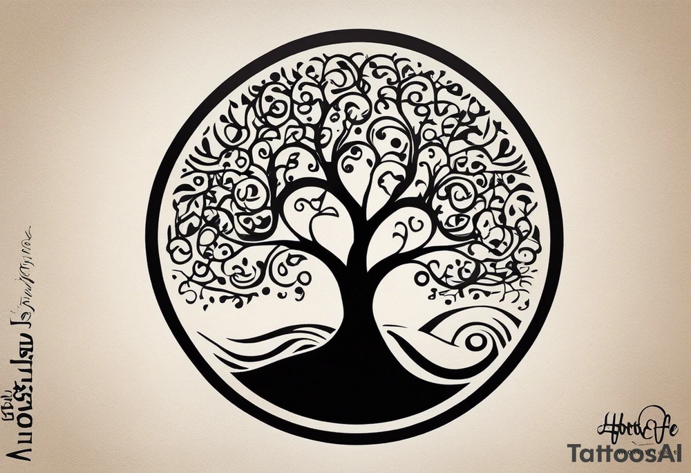 an abstract Tree of Life tattoo. It should have roots growing out of the bottom. The roots slowly turn into water from the Great Wave by Hokusai. A golf flag should be placed discreetly growing out of the ground. 2 license plate tags should be hanging from the tree. Place a few music notes in the areas the leaves should be. The letters A U should be engraved into the tree trunk in a heart. tattoo idea