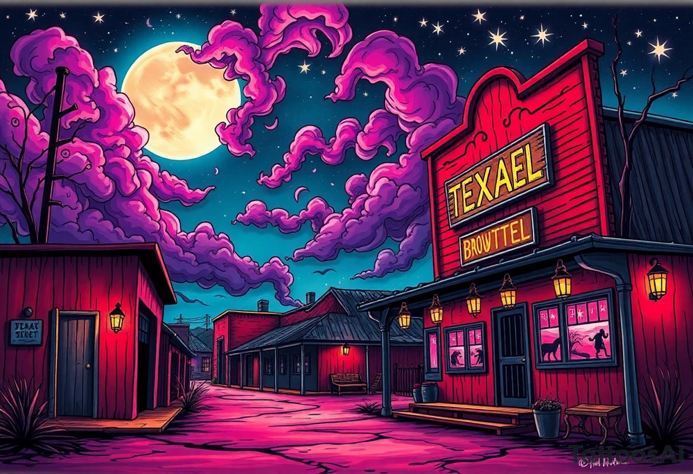 Tim Burton’s old western cowboy texas brothel r from outside view is the street abandoned and dripping with muted reds, dusty pinks, and eerie green glow purple and cyan smokey clouds swirl and dance in the moonlit night sky filled with twinkling stars  tattoo idea tattoo idea