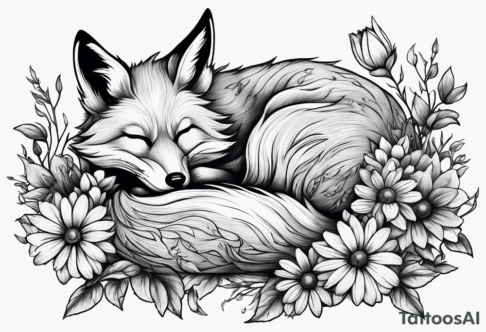 Creepy evil fox sleeping daisies tattoo idea
