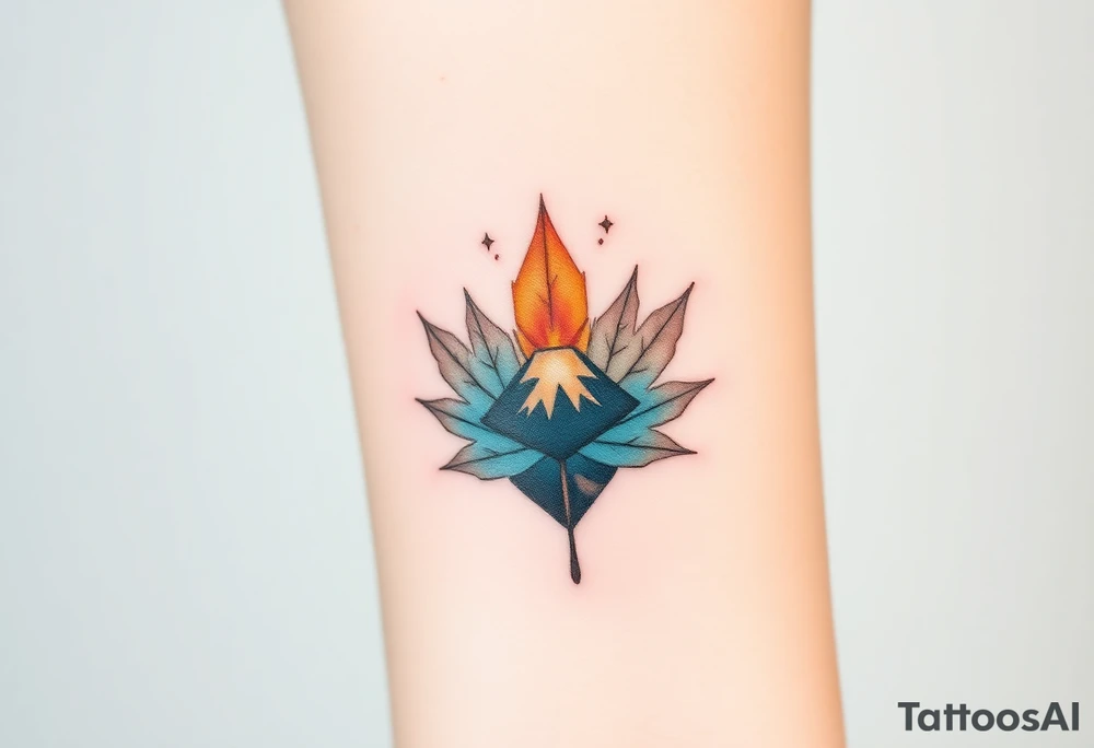 Female Geometric Volcano tattoo erupting in a heart. Maple leaf incorporated tattoo idea