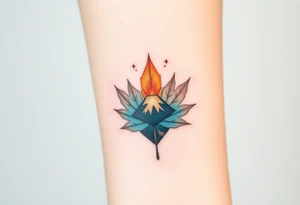 Female Geometric Volcano tattoo erupting in a heart. Maple leaf incorporated tattoo idea