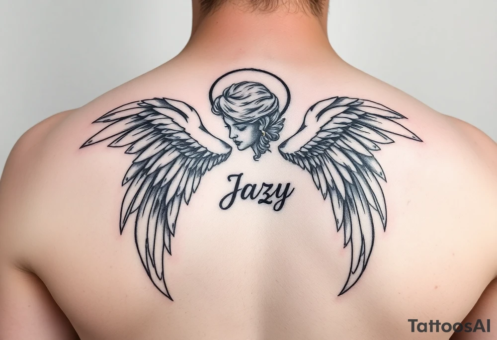 upper shooulder tattoo - Remembrance angel of a deceased best friend with the name Jazy incorporated tattoo idea