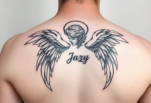 upper shooulder tattoo - Remembrance angel of a deceased best friend with the name Jazy incorporated tattoo idea