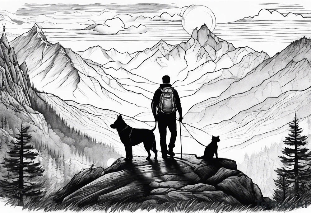 nature, sunset, mountains, a father and son hiking with their dog and cat and a cross tattoo idea