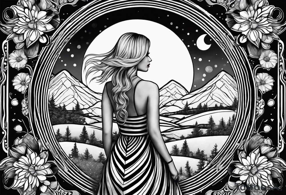 Straight blonde hair girl facing away toward mountains surrounded by mushrooms crescent moon mandala circular design black and white striped dress number 8 tattoo idea