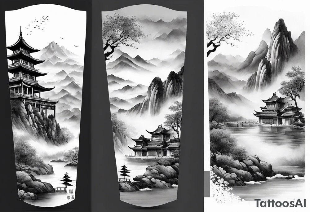 forearm sleeve traditional chinese art painting style autumn mountains mist fog water Chinese temple two monks wearing robes tattoo idea