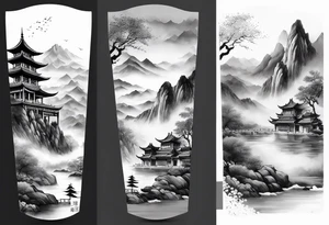 forearm sleeve traditional chinese art painting style autumn mountains mist fog water Chinese temple two monks wearing robes tattoo idea