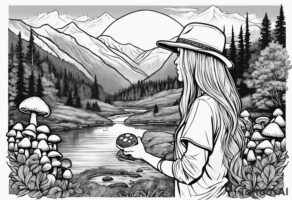 Whole picture encircled fully

Straight long blonde hair hippie girl in distance holding mushrooms in hand facing away toward mountains and creek surrounded by mushrooms long sleeve shirt and hiking pants; whole rendering within a full circle, no cut off circle tattoo idea