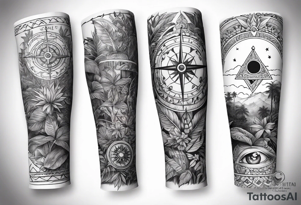 arm sleeve tattoo with Viking compass and all-seeing eye surrounded by jungle plants tattoo idea
