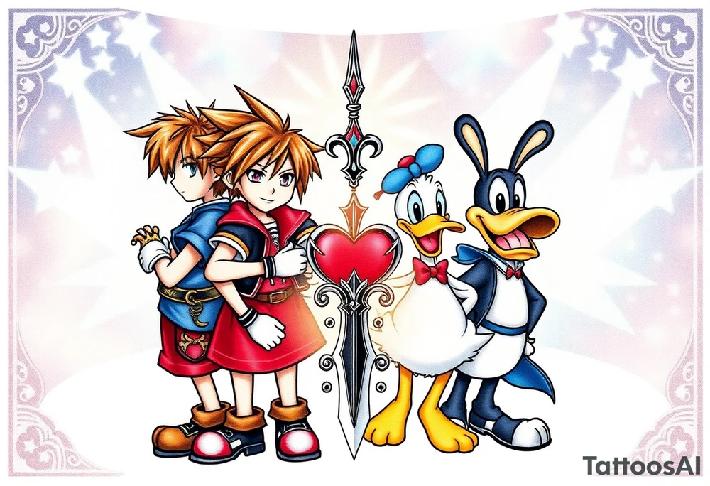 Kingdom Hearts tattoo design featuring Sora, Kairi, Riku, Donald, and Goofy from the game, together in a dynamic, united pose. The centerpiece should include the Heartless Keyblade, with a beautiful and ethereal Kingdom Hearts-inspired background—think glowing stars, floating islands, and stained-glass elements in backroung. The design should capture themes of friendship, light vs. darkness, and adventure. Style should be detailed, fantasy-oriented, and suitable for a large piece tattoo idea