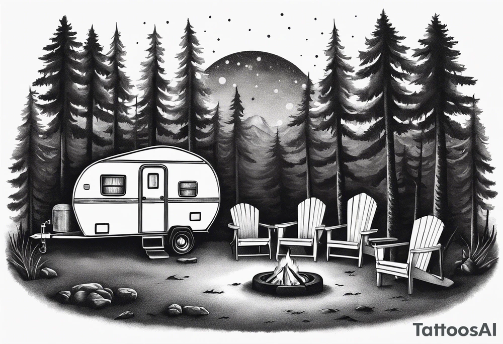 Small camper trailer with campfire and four chairs tattoo idea