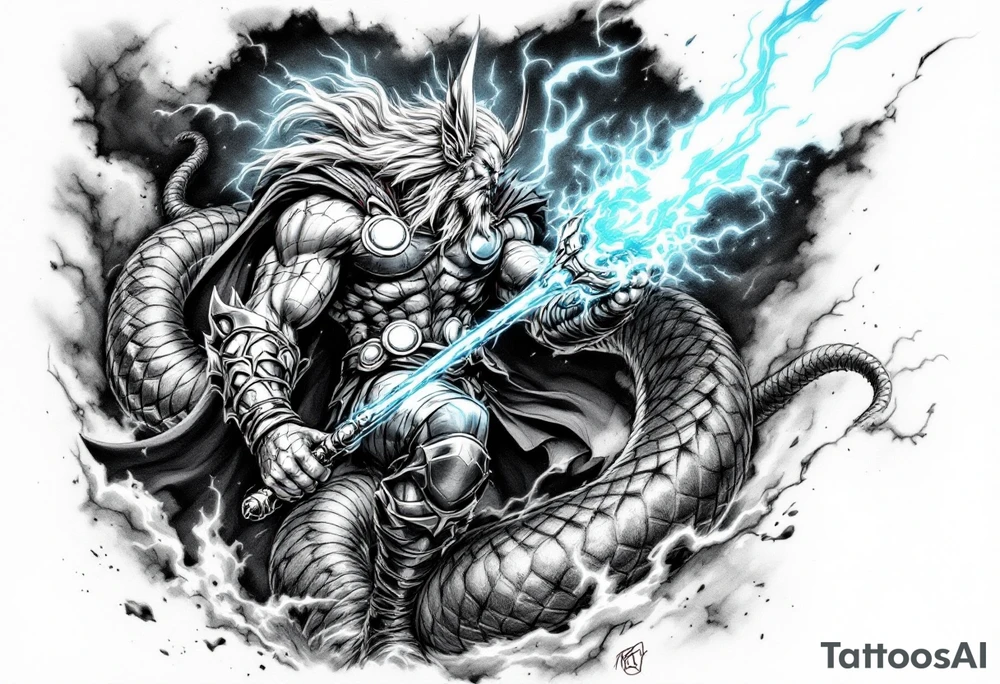 A colossal Thor battling the Midgard Serpent, Jörmungandr, with Mjölnir glowing in his hand, in high-contrast black and grey with electric blue. tattoo idea