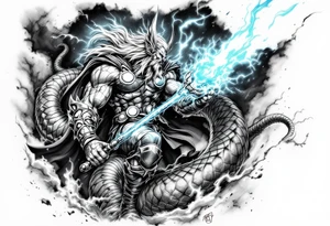 A colossal Thor battling the Midgard Serpent, Jörmungandr, with Mjölnir glowing in his hand, in high-contrast black and grey with electric blue. tattoo idea