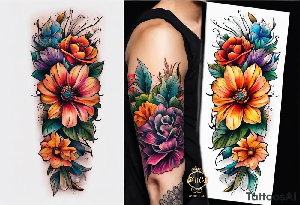 Colorful flower sleeve tattoo idea