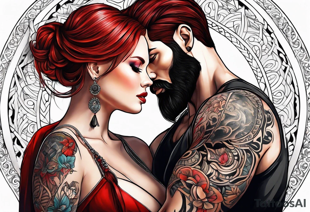 Busty red haired woman with a bearded man who has black hair tattoo idea