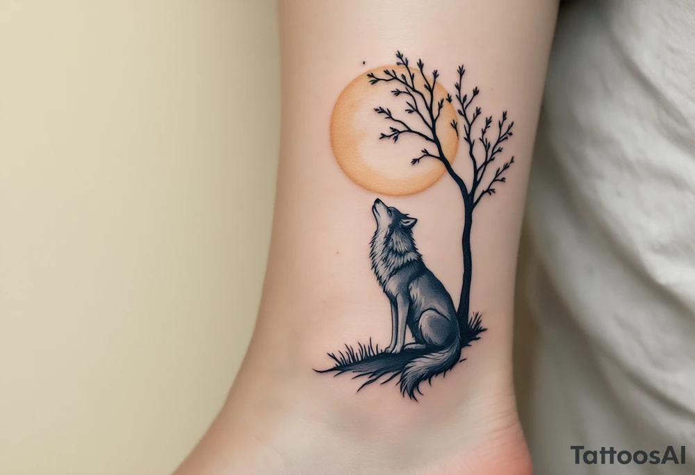 Wolf sitting peacefully beneath a moonlit tree, done in soft gray, muted green, and pale moonlight yellow tones. tattoo idea
