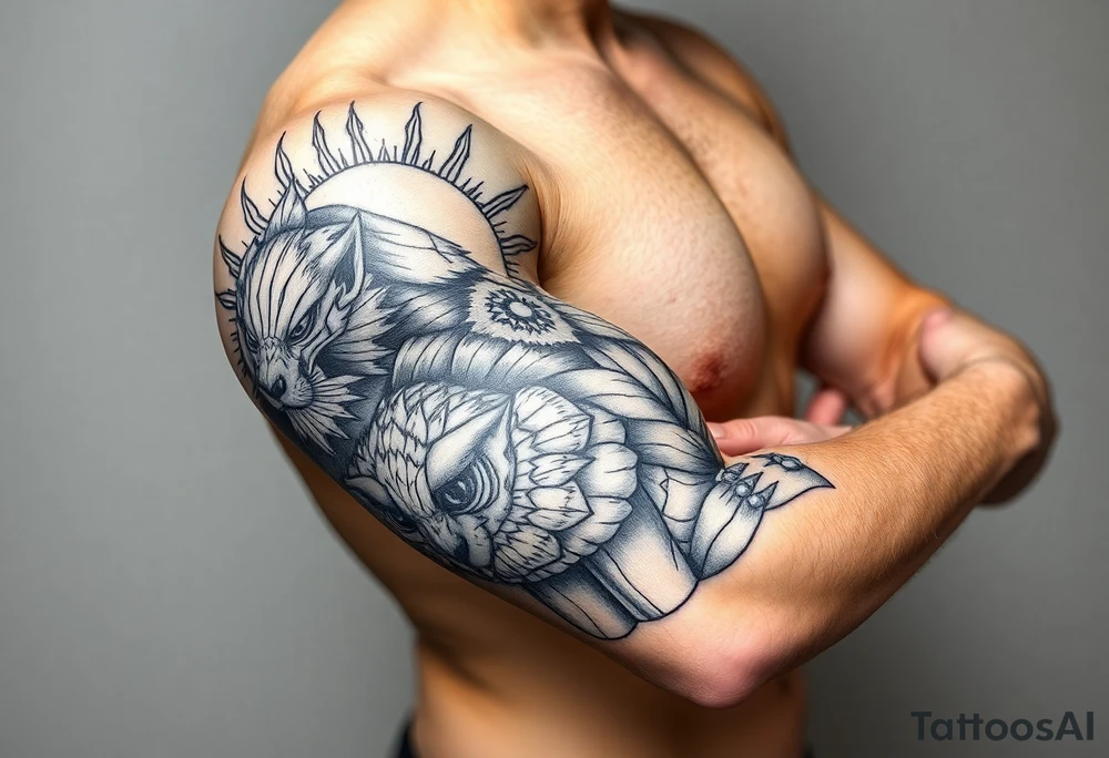 Left arm sleeve. I already have a sun on my deltoid made out of stone. Add theme from the movie never ending story with felcor and atrui tattoo idea