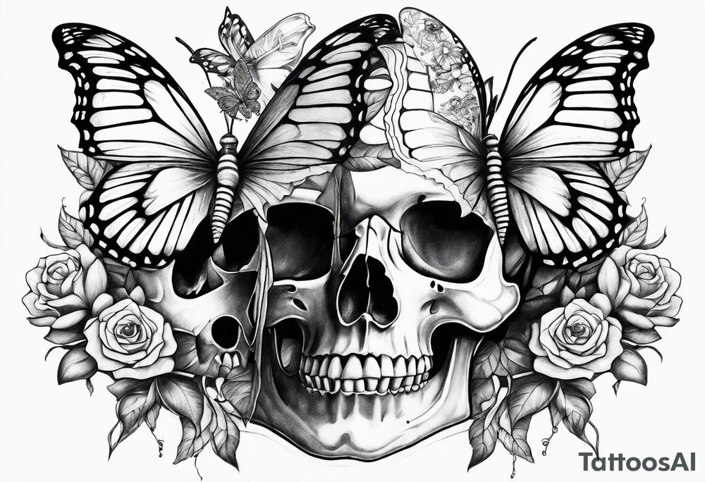 Butterfly and skull intertwined tattoo idea