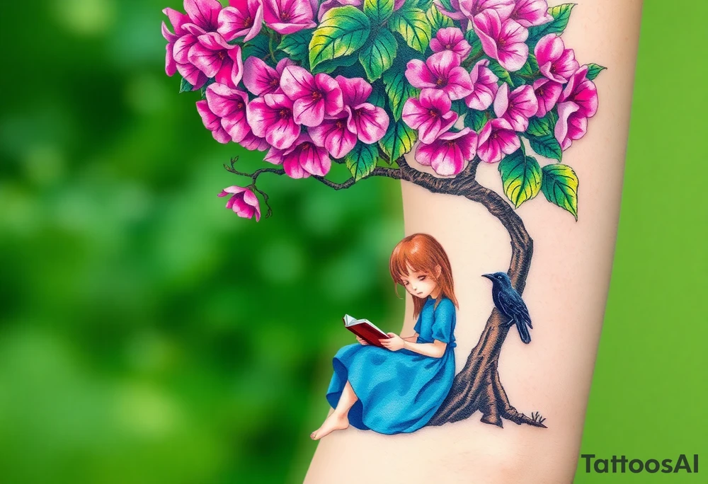 A tree of Impatiens walleriana, a little girl wearing a blue dress sitting under it while reading. A small raven watching her.


. tattoo idea