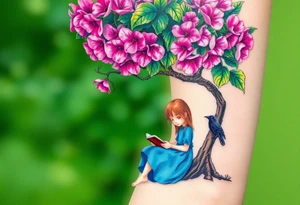 A tree of Impatiens walleriana, a little girl wearing a blue dress sitting under it while reading. A small raven watching her.


. tattoo idea