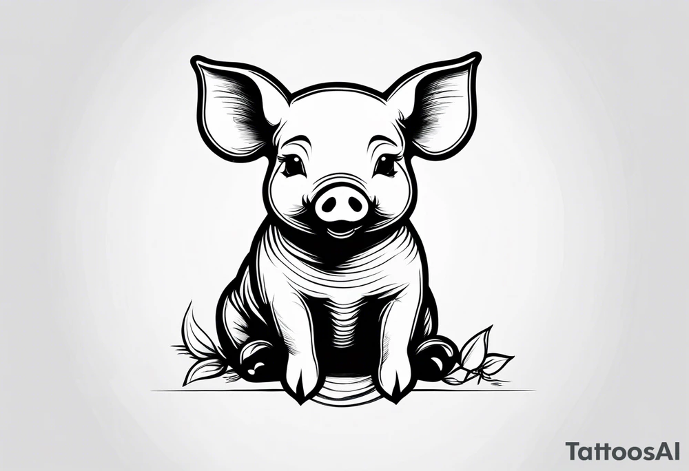 cute piglet sitting on bum. thin lines minimal shading, black and white only, with text "friends not food", white background tattoo idea