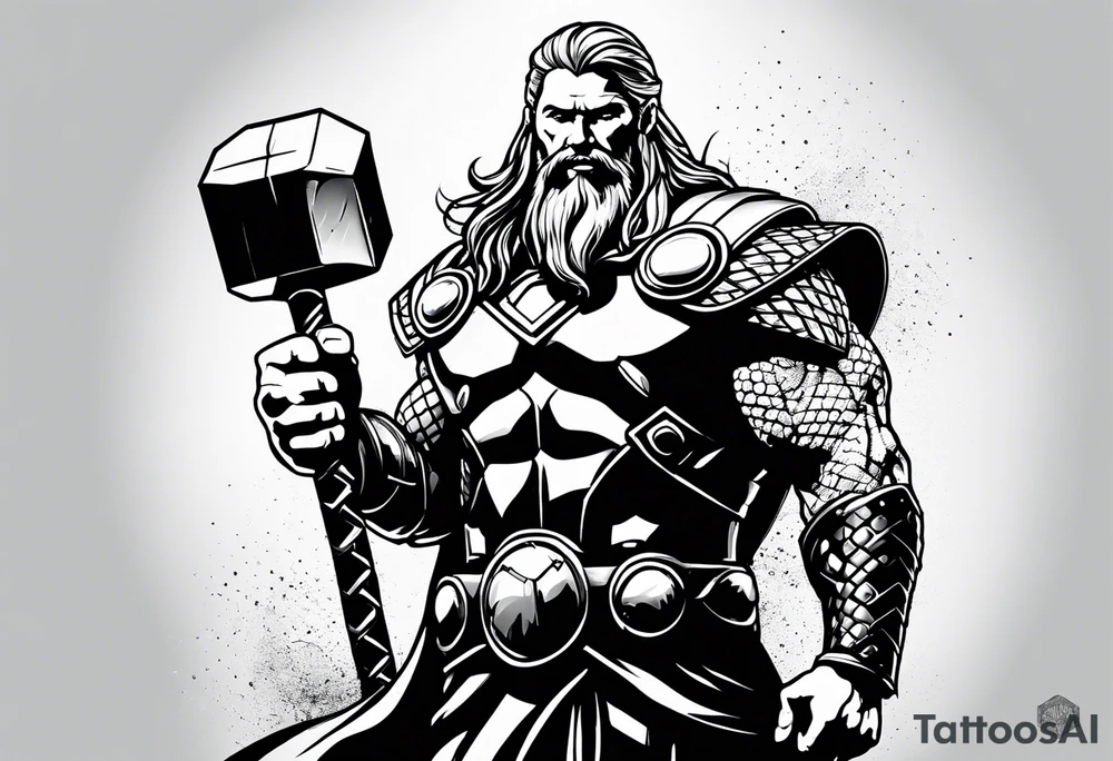 Thor mit Hammer in der Hand kämpft gegen riesige Schange tattoo idea