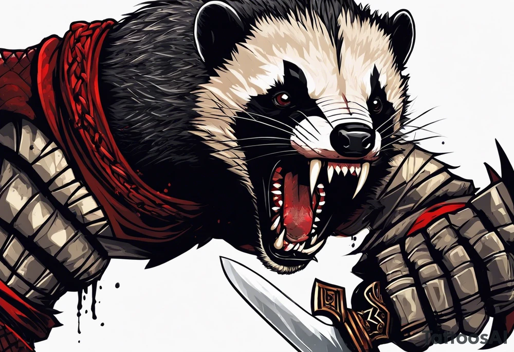 Draw me psychopath Honey Badger/Berserker with aggressive full body, killer face with a scary smile, very long nails and he attacks like a Bloody Assassin/Warrior/Gladiator to us and also, he has very deadly looking. He fights with his nails. Everybody scares after their first sight. Give me horror type Badger Tattoo. I want to see his Realistic full body with no weapons. tattoo idea