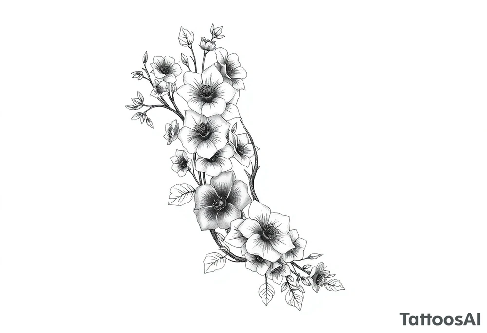 Full sleeve tattoo design of larkspur and hawthorn flowers, highly detailed line art, RED ink, elegant botanical style, intertwined composition, no shading, no human mock-up, clean stencil style suitable for tattooing, fit fully within boundaries. LINE ART ONLY, REMOVE HUMAN, NO SKIN, NO ARM, NO HUMAN BODY PARTS tattoo idea