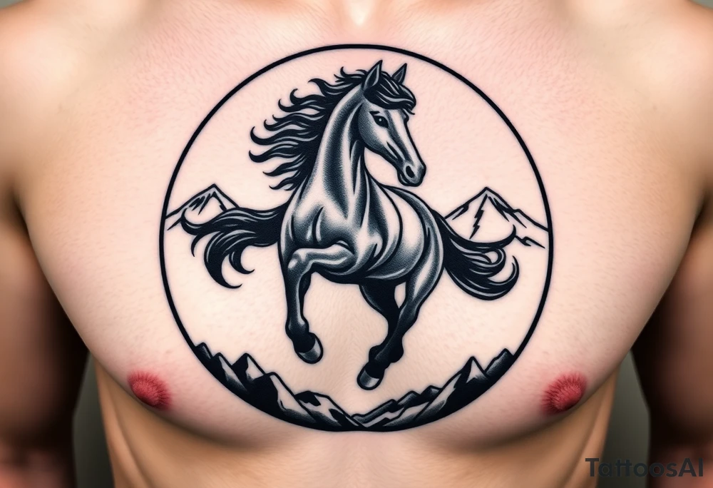 A golden mustang horse with black mane and legs, captured in motion inside a circle. The mountains and nature should frame the design, blending with the horse's black fur as a base to represent the landscape. Experiment with using the black fur to shape the mountains, playing with edges or interior details. tattoo idea