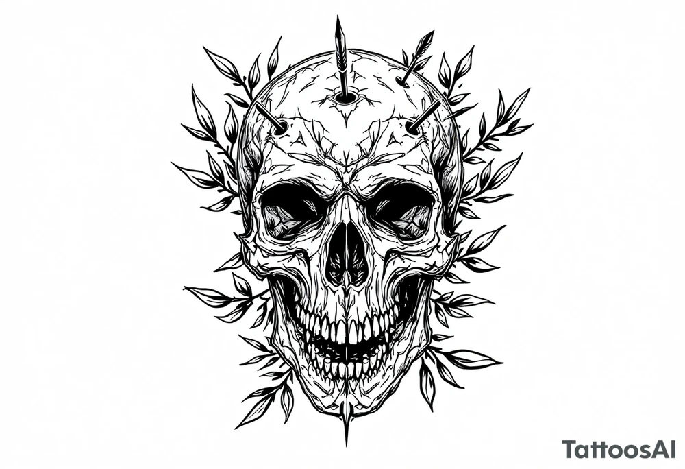 a skull whose head would be pierced by needles under the head come down an  arrow and surrounded around by a olive tree leaf tattoo idea