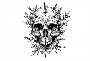 a skull whose head would be pierced by needles under the head come down an  arrow and surrounded around by a olive tree leaf tattoo idea