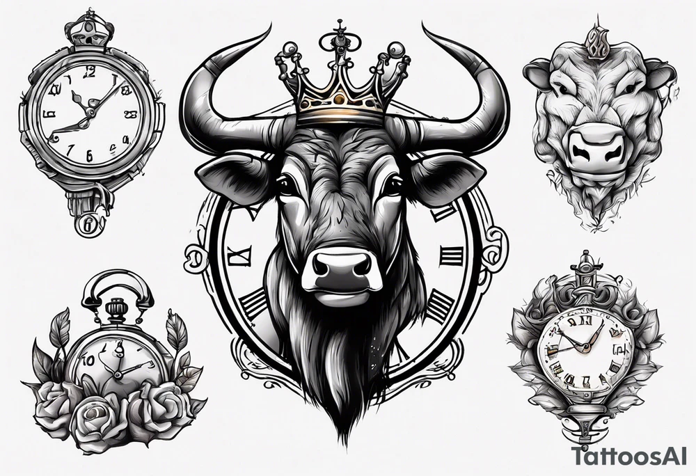 Ballon de foot avec le numéro23,  une horloge avec une couronne,  le tout avec au fond un taureau tattoo idea