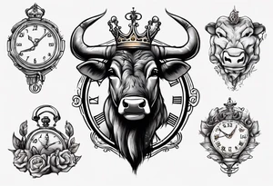 Ballon de foot avec le numéro23,  une horloge avec une couronne,  le tout avec au fond un taureau tattoo idea