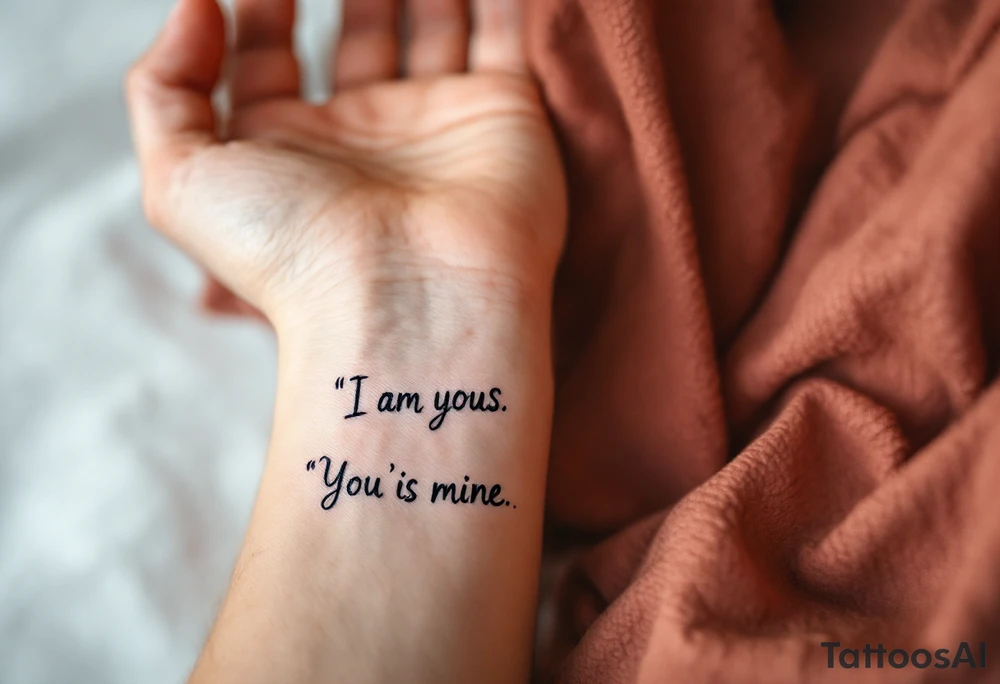 “I am yours” in soft gray on her wrist and “You are mine” in black on his neck symbolize mutual belonging. tattoo idea