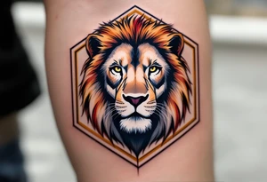 A Czech lion inside a hexagonal frame, combining realism and modern minimalism, with subtle Czech national colors. tattoo idea