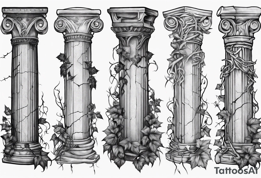 Half of a roman pillar with the word "OMNIA" inscribed on the top. It has cracks in the middle and overgrown ivy at the bottom. tattoo idea