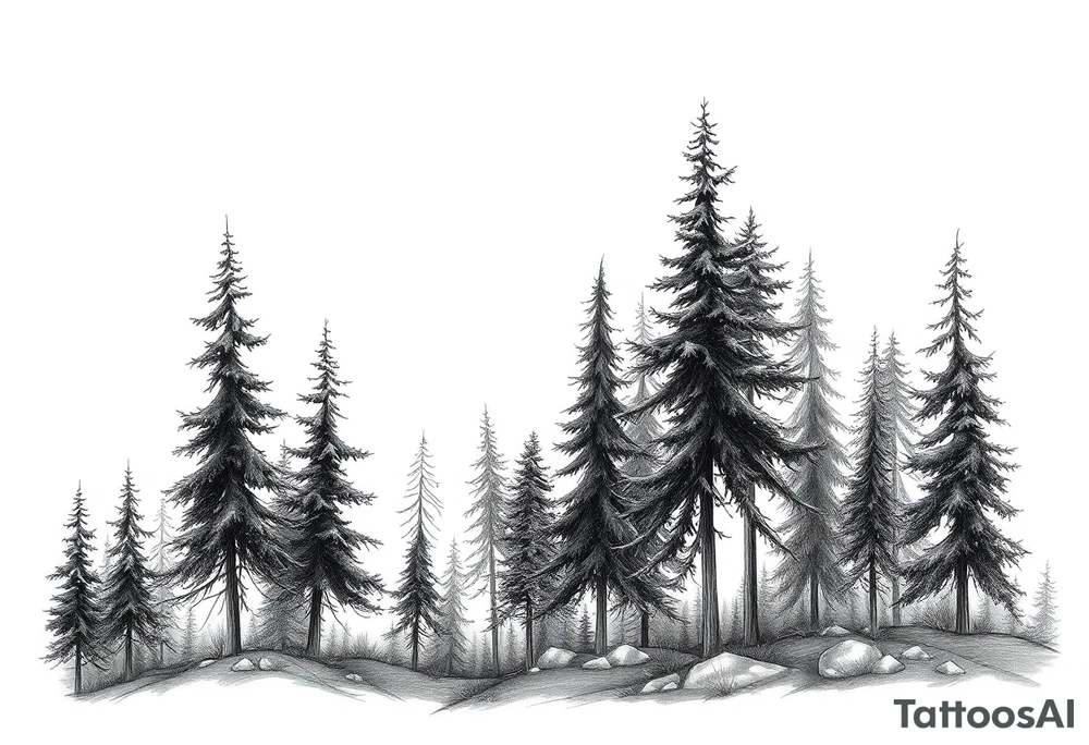 Needle forest with black and gray trees tattoo idea
