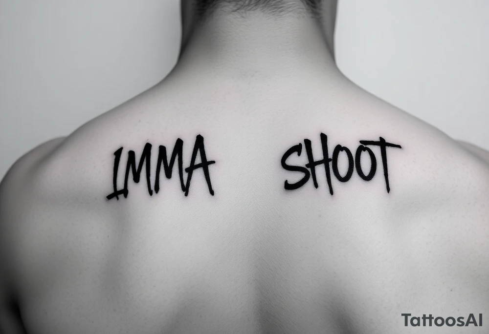 the word ‘IMMA’ and the word ‘SHOOT’ under each collar bone in a font that looks like spray paint tattoo idea