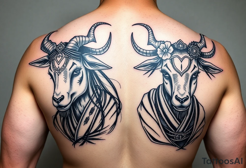 Feminine goat and ox dressed up as geisha warriors tattoo idea