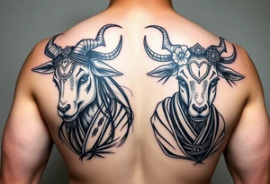 Feminine goat and ox dressed up as geisha warriors tattoo idea