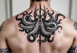 giant octopus around a trident tattoo idea